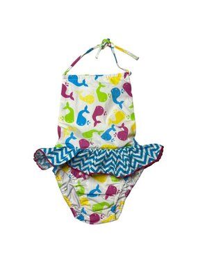 Babeeni One Piece Swimsuit Girls Multicolor Whale Chevron Ruffle Backless Sz 6T